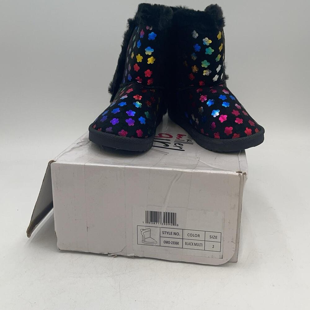 Snow Boots Girls Size 2 Black Multi Floral Glitter Faux Fur Lined Winter